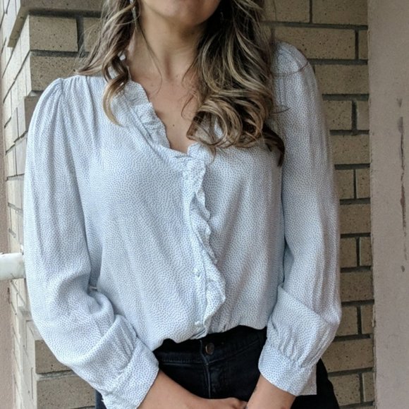 Blue white polka dot ruffled blouse - Picture 1 of 5